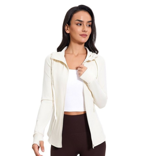 Spring And Summer New High Collar Hooded Sports Jacket Slim Running Fitness Tops Sports Long-Sleeved Yoga Clothes Women