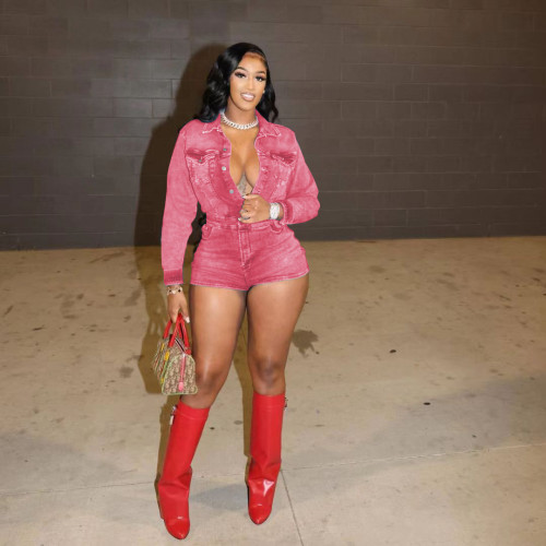 2025 New in Stock Ribbed Plus Size Jumpsuits Stretchy Long Sleeve Denim Romper High Quality Button Denim Romper Jumpsuit Women