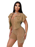 High Quality Summer Autumn Women Casual Cargo 2 Piece Set Solid Open Jacket+Ribbed Jumpsuit Romper Matching Outfits
