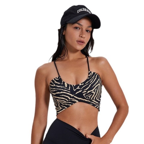 New U-Neck Pleated Thin Straps Sports Underwear Animal Print Sexy Back Thin Slim Yoga Top
