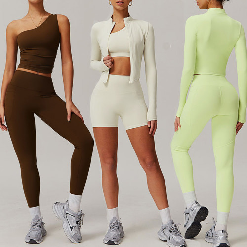 2025 New Women's Yoga Bra 4pcs Set Fitness Top Zipper Jacket Sport Long Sleeve Pants Quick Dry Yoga Vest Leggings Sport Shorts