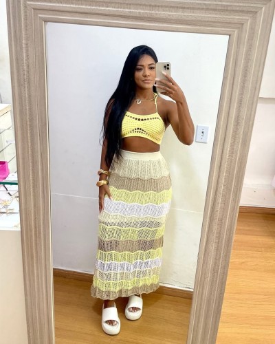 Hot Selling Rainbow Colourful Two Piece Long Skirt Beach Set Halter Bra Tops for Women 2025 Beachwear