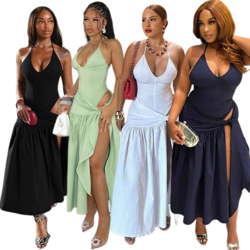 Summer Solid Skirt and Top Set for Women Modest Long Skirt Set for Women Vacation Halter Bodysuit and Lace up Skirt Set