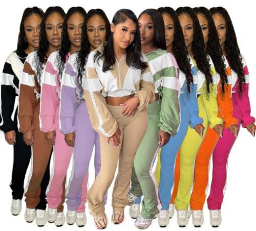 Splicing Color Contrast Long Sleeve Flare Pant Set Elastic Waistband Sweatsuits for Women Sets 2 Piece Ladies Tracksuit