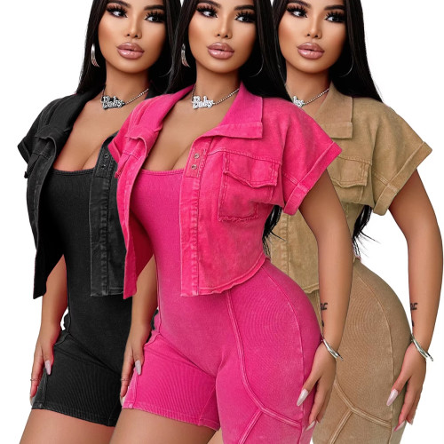 High Quality Summer Autumn Women Casual Cargo 2 Piece Set Solid Open Jacket+Ribbed Jumpsuit Romper Matching Outfits