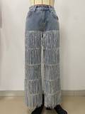 Women Street Fashion Trend Glitter Tassel Fringe Streetwear Straight Leg Jeans