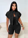 High Quality Summer Autumn Women Casual Cargo 2 Piece Set Solid Open Jacket+Ribbed Jumpsuit Romper Matching Outfits