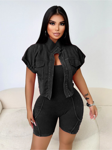 High Quality Summer Autumn Women Casual Cargo 2 Piece Set Solid Open Jacket+Ribbed Jumpsuit Romper Matching Outfits