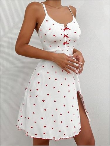 2025 Best Selling Rib Nightdress Hot Girls Pretty Bow Nightgown Mature Heart Printed Sleepwear Side Split Erotic Pajamas