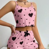 2025 New Striped Heart-shaped Printed Home Wear Pajamas 2pcs Short Women's Pajamas Casual Pajamas Set