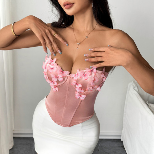 2025 Hot Selling  Spicy Girl Low Cut Satin butterfly Strapless Diamond Steel Ring Fishbone Women Corset Top