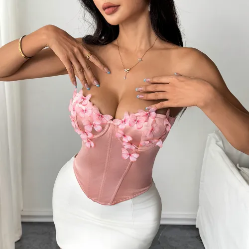 2025 Hot Selling  Spicy Girl Low Cut Satin butterfly Strapless Diamond Steel Ring Fishbone Women Corset Top
