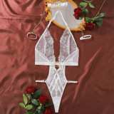 2025 Sexy Hollow Out Underwear Mesh See-through  Halter Neck Splicing Chain Fun White Women Teddy Lingerie