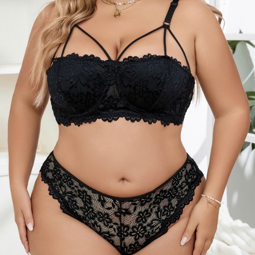 New Fashion Plus Size  Xxxxl Bra and Underwear Hollow Out Black Lace Sexy Seductive Lingerie for Women