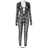 C0214 2025 Winter New Fashion Perspective Hollow Sexy Long Sleeve Mesh Jumpsuit