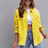 S-2XL New Mid Length Denim Jacket With Torn Edges and Holes Women's Autumn and Winter Long Sleeved Casual Lapel Top