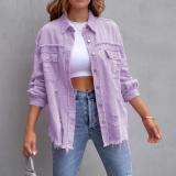S-2XL New Mid Length Denim Jacket With Torn Edges and Holes Women's Autumn and Winter Long Sleeved Casual Lapel Top
