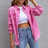 S-2XL New Mid Length Denim Jacket With Torn Edges and Holes Women's Autumn and Winter Long Sleeved Casual Lapel Top