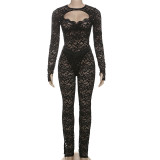 Fall Spring Sexy Casual Lady See Through Two Piece Set Lace Long Sleeve BodysuitTop Long Pants Leggings Set Bodycon Women's Sets