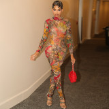 2025 Spring new women's personalized and fashionable printed backless tight jumpsuit