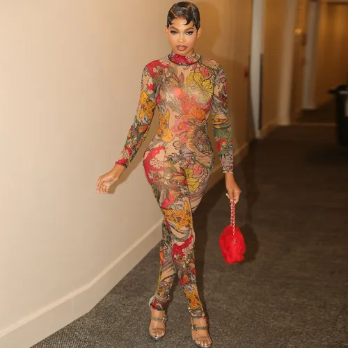 2025 Spring new women's personalized and fashionable printed backless tight jumpsuit