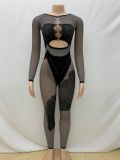 2025 Women Hollow Out Thick Lace Sexy Jumpsuits Patchwork Mesh Bodycon Rompers Female One Piece Clubwear Playsuits for Women