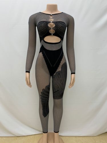 2025 Women Hollow Out Thick Lace Sexy Jumpsuits Patchwork Mesh Bodycon Rompers Female One Piece Clubwear Playsuits for Women