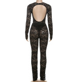 Fall Spring Sexy Casual Lady See Through Two Piece Set Lace Long Sleeve BodysuitTop Long Pants Leggings Set Bodycon Women's Sets