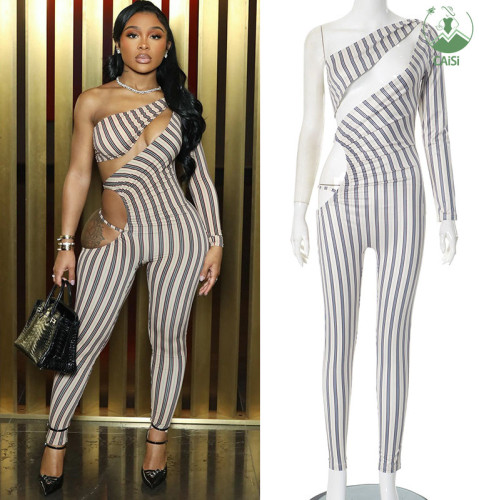 Fashion Women's Jumpsuit 2025 Striped Printed Sexy Hollow Out One Piece Slash Neck Streetwear Party Club Jumpsuits for Women