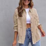 S-2XL New Mid Length Denim Jacket With Torn Edges and Holes Women's Autumn and Winter Long Sleeved Casual Lapel Top