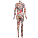 2025 Spring new women's personalized and fashionable printed backless tight jumpsuit