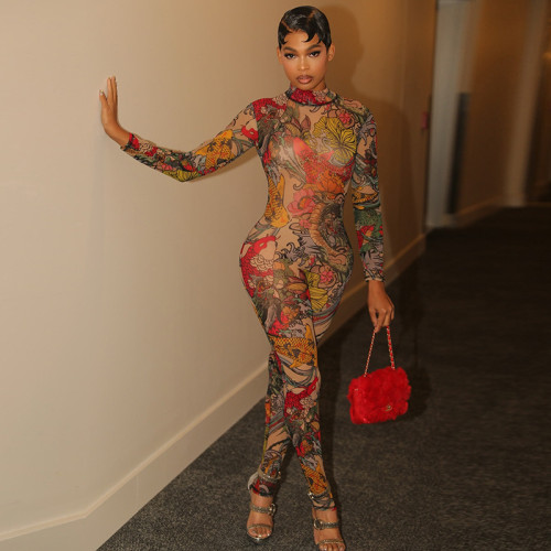 2025 Spring new women's personalized and fashionable printed backless tight jumpsuit