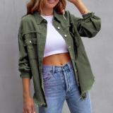 S-2XL New Mid Length Denim Jacket With Torn Edges and Holes Women's Autumn and Winter Long Sleeved Casual Lapel Top