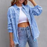S-2XL New Mid Length Denim Jacket With Torn Edges and Holes Women's Autumn and Winter Long Sleeved Casual Lapel Top