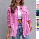 S-2XL New Mid Length Denim Jacket With Torn Edges and Holes Women's Autumn and Winter Long Sleeved Casual Lapel Top