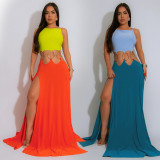 901739 European and American Amazon foreign trade new sexy lace up backless high slit dress women's solid color new style