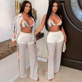 CY901279 Amazon European and American Women's Clothing New Knitted Sexy Perspective Hollow Three Piece Set Casual Beach Style