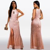 Cross-border foreign trade Europe and the United States fashion women's express Amazon temperament sexy bead slit dress C7273