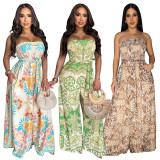 C7312 Cross-border express Amazon Europe and the United States fashion women's sexy strapless open-back wide-leg printed jumpsuit