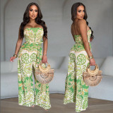 C7312 Cross-border express Amazon Europe and the United States fashion women's sexy strapless open-back wide-leg printed jumpsuit