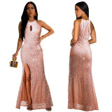 Cross-border foreign trade Europe and the United States fashion women's express Amazon temperament sexy bead slit dress C7273