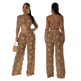 CY901294 European and American foreign trade lace-up short blouse with loose slim trousers solid color perspective two-piece set women