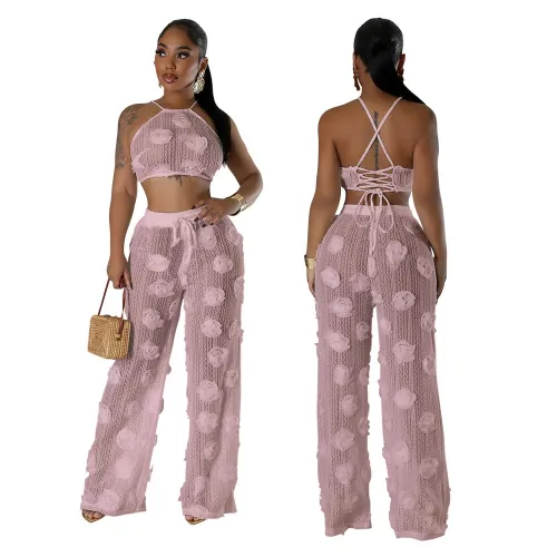 CY901294 European and American foreign trade lace-up short blouse with loose slim trousers solid color perspective two-piece set women