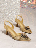 The source factory specializes in manufacturing custom-made high-heeled sandals with diamonds for foreign trade banquets, pointed toe, fashionable and versatile single shoes for women