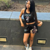FC1315 European and American fashion trend Street sportswear Hot Girl Printed Vest and shorts Set
