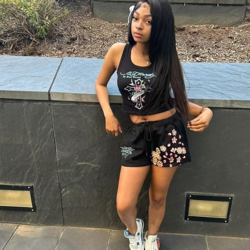 FC1315 European and American fashion trend Street sportswear Hot Girl Printed Vest and shorts Set