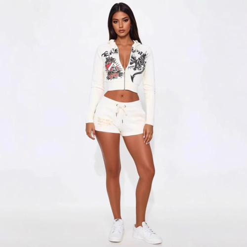 FC1336 European and American cross-border commercial joint casual and comfortable painted zipper hooded printed two-piece set