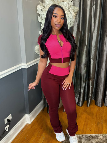 Casual Stretch Multi Color Two Pieces Activewear Set With Slim Crop Top t Shirt and High Waist Flare Leg Pants