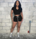 Real Wash Retro Summer Stretch Two-pieces Short Set With V Neck Crop Top T Shirt and High Waist Tight Shorts