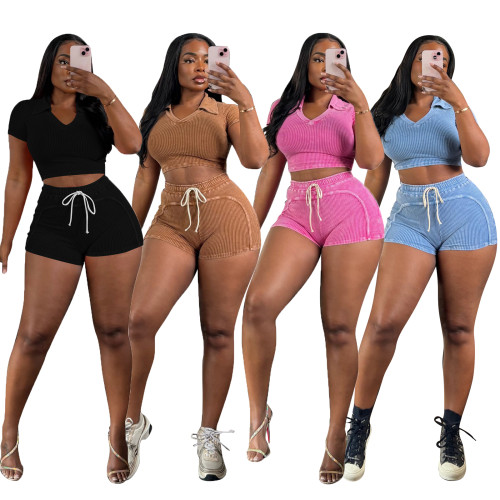 Real Wash Retro Summer Stretch Two-pieces Short Set With V Neck Crop Top T Shirt and High Waist Tight Shorts